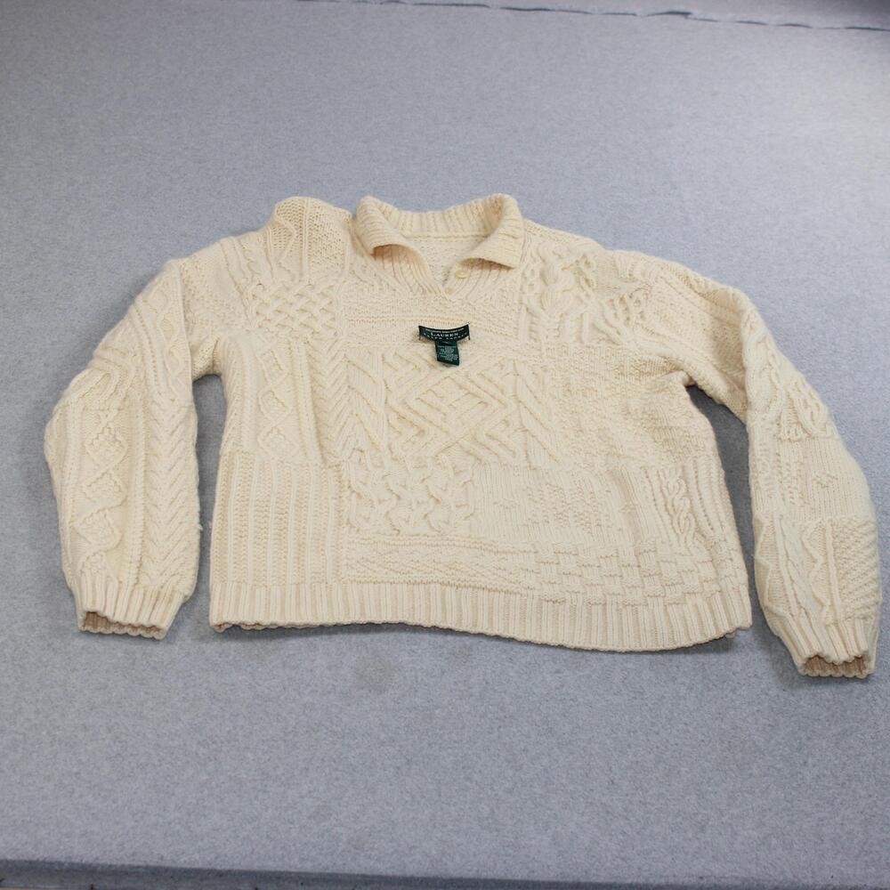 Lauren Ralph Wool Sweater Women XL White Hand Knit Collared Heavyweight Heritage
